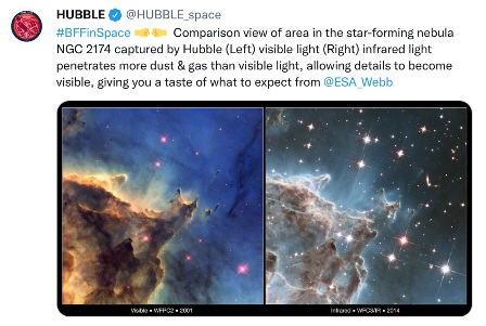 Hubble and Webb, visible light and infrared light comparison.png